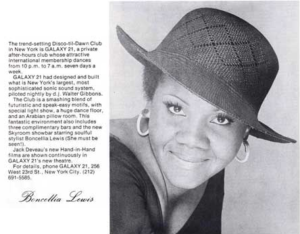 A writeup for George Freeman's Disco Til Dawn Club Galaxy 21, next to an image of Boncellia Lewis, who sang at the club.