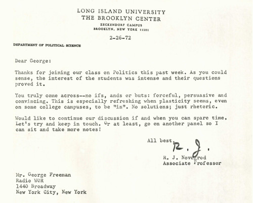 Thank you letter to George Freeman from a Long Island University political science professor following a visit during which George spoke about politics.