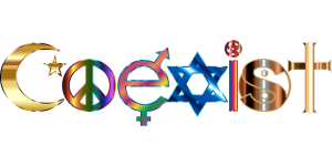 A stylized 'coexist' graphic representing religious freedom and harmony