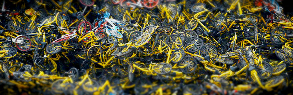 Vast heaps of discarded bicycles.