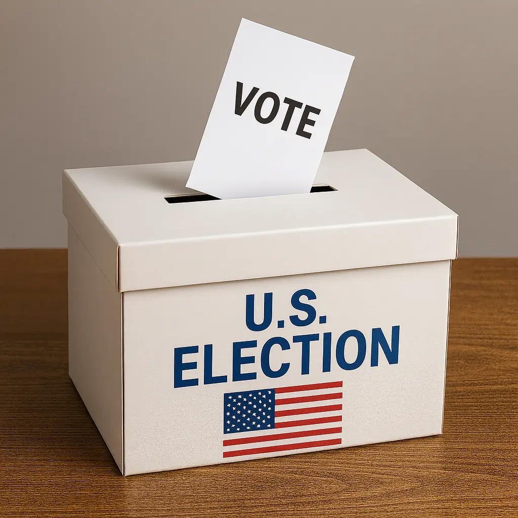 Ballot going into white box with US Flag on it.