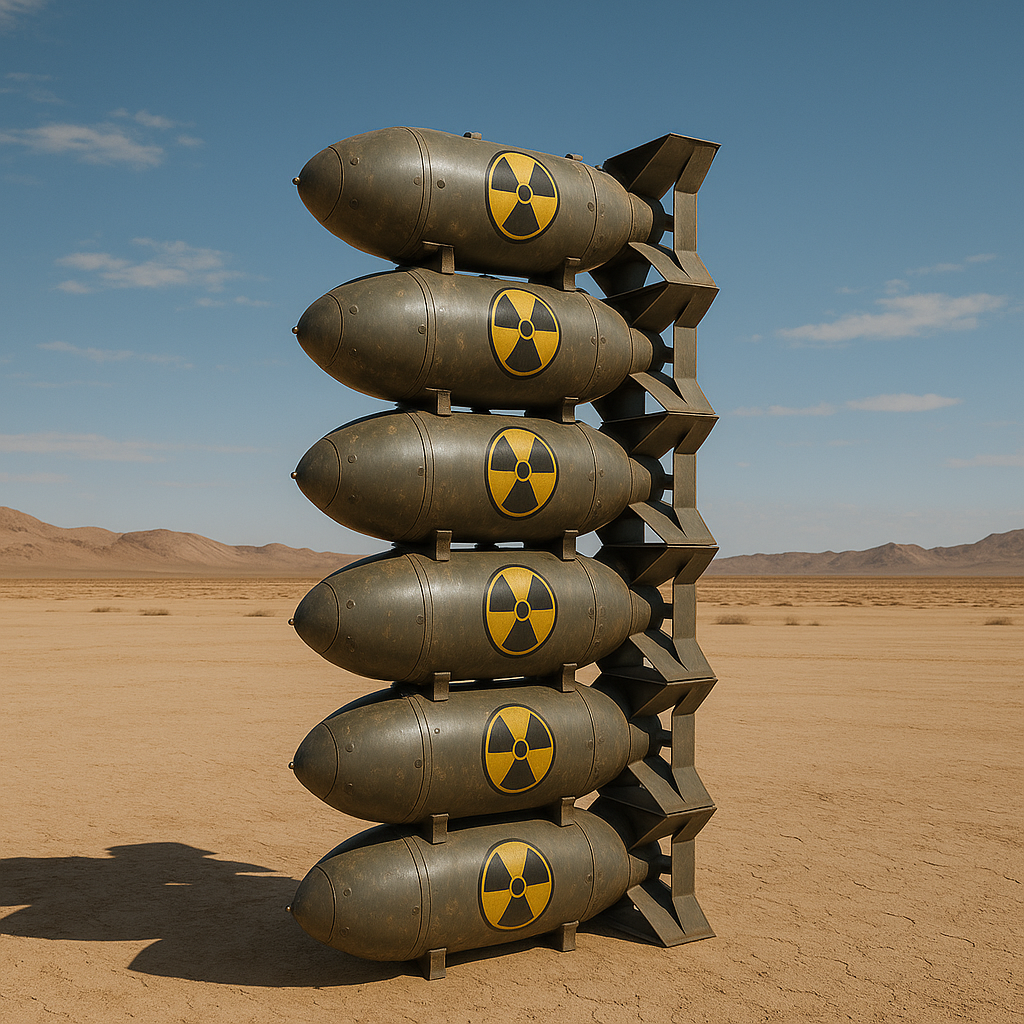 six nuclear bombs stacked on top of each other sitting in the desert.