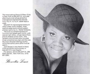 A writeup for George Freeman's Disco Til Dawn Club Galaxy 21, next to an image of Boncellia Lewis, who sang at the club.