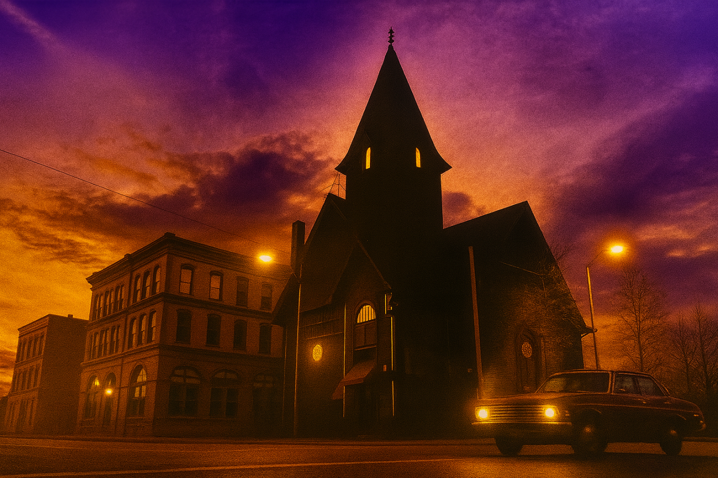 the monastery, a victorian era church building, with a purple and yellow sunset. a car is driving by with headlights on, and there are historical buildings lining the block