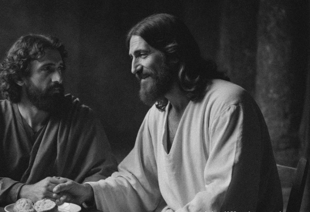 Jesus sitting with disciples holding hands and smiling while disciple listens intensely 
