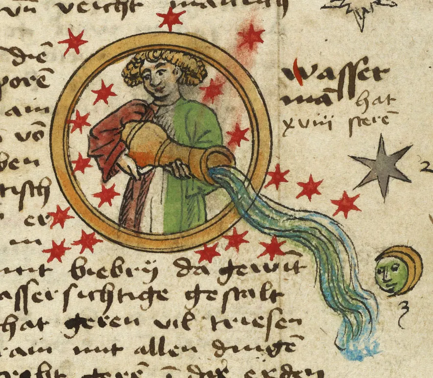 Mid-evil manuscript with Aquarius in human form pouring out of jug of water