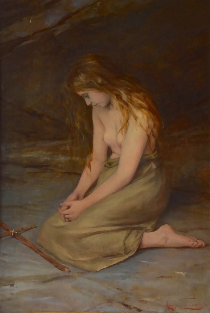 painting of Magdalene, by Adolfo Tommasi, 1893. nude on top wearing long green skirt kneeling in front of hand made cross