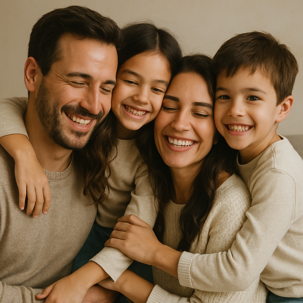 family of 4 taking family photos, mom dad, girl and boy, wearing warm but neutral colored clothing