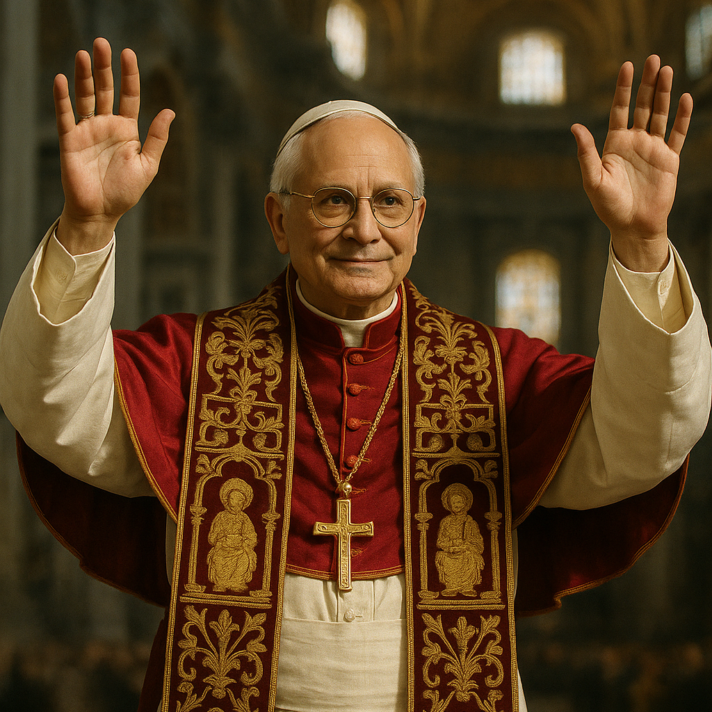 Pope Leo XIV standing in St. Peters Basilica with his hands raised to the sky.