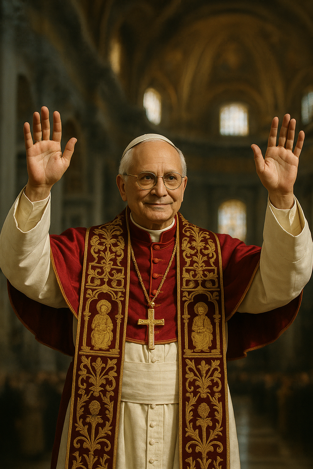 Pope Leo XIV standing in St. Peters Basilica with his hands raised to the sky.