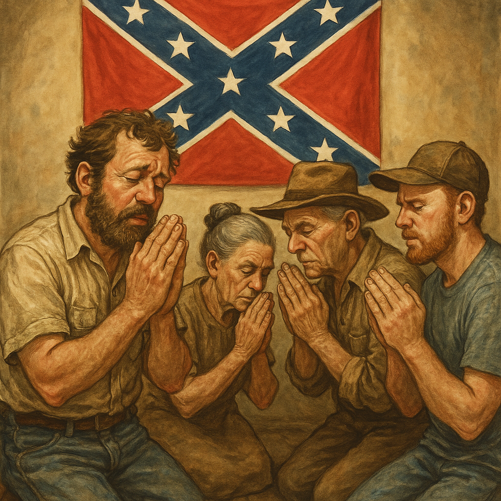 Would Jesus approve? cartoon style painting of white nationalist "Christians" praying in front of a confederate flag