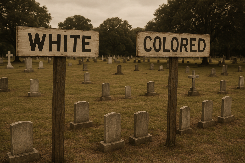 would Jesus approve? cemetery seperated by race with two signs that designate White and Colored in a field of gravestones