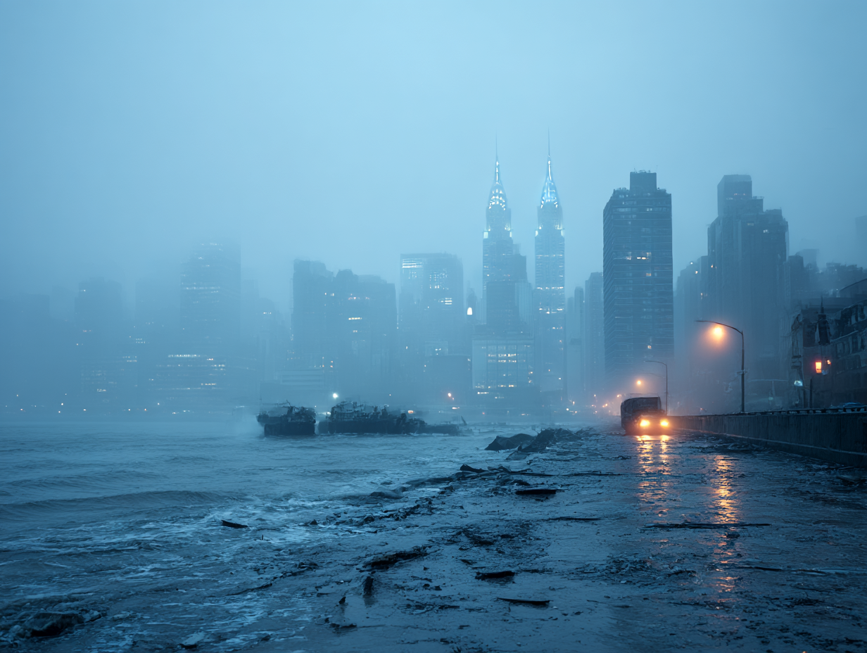 City waterfront witch crashing waves destroying infrastructure, and the weather is extremely hazy