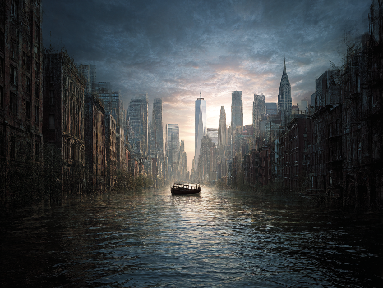 city that looks like New York has flooded streets and empty buildings. there is a single boat on the water. world on the brink of environmental collapse