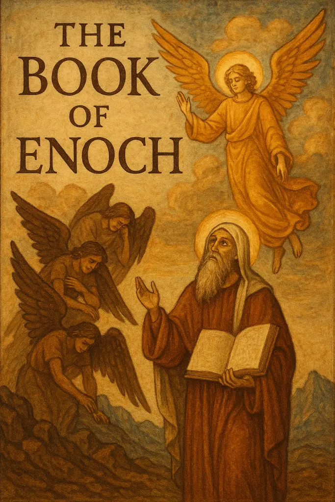 Imaginary cover of The Book of Enoch. Man holding open bible with three angles bowing in front of him, and a golden angel in the back