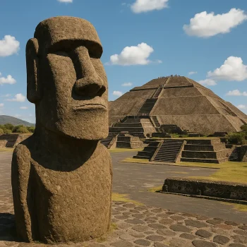 ancient mysteries of the world, picture of Moai from Easter island, and Teotihuacan pyramid of the sun.