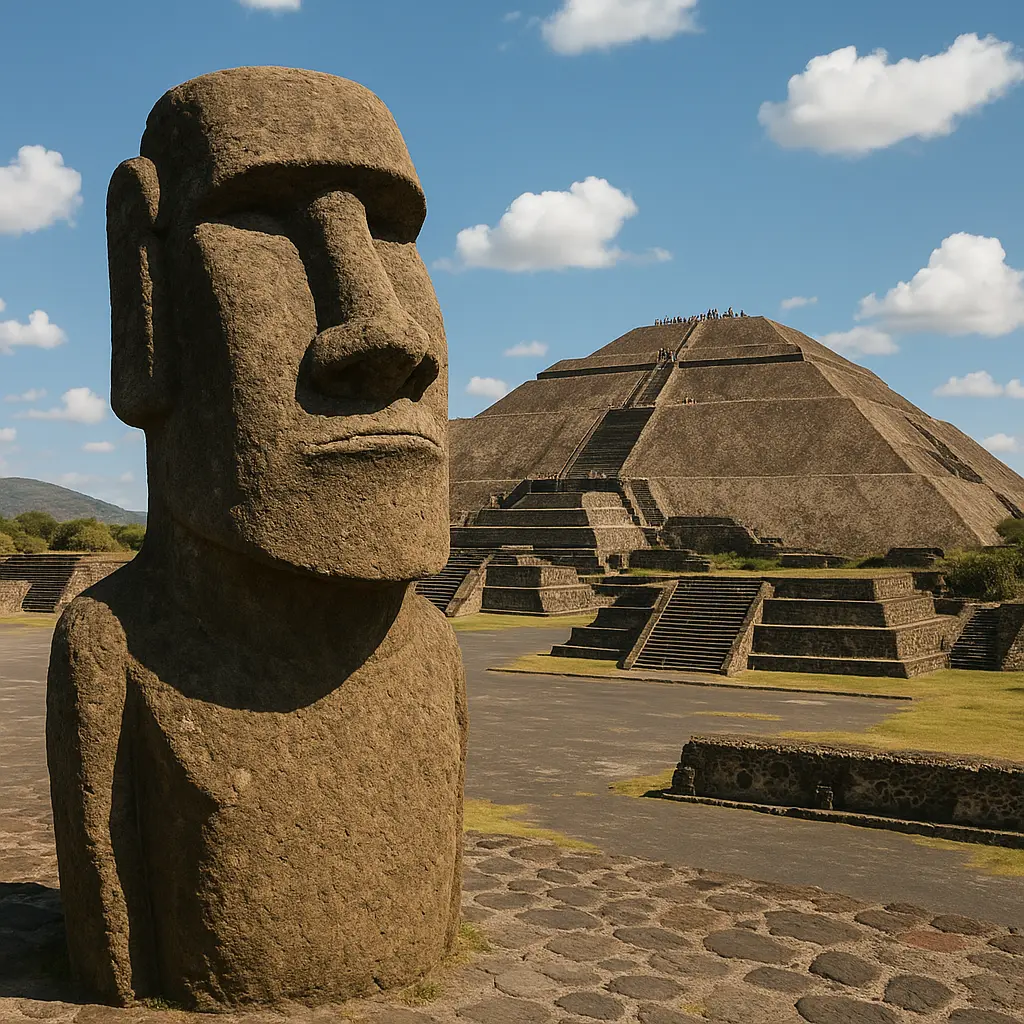 ancient mysteries of the world, picture of Moai from Easter island, and Teotihuacan pyramid of the sun.