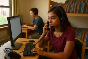 two college aged kids sit in dorm room working as call center outposts. white male in blue shirt and shorts, and Indian female in red blouse looking at monitor screen on the phone