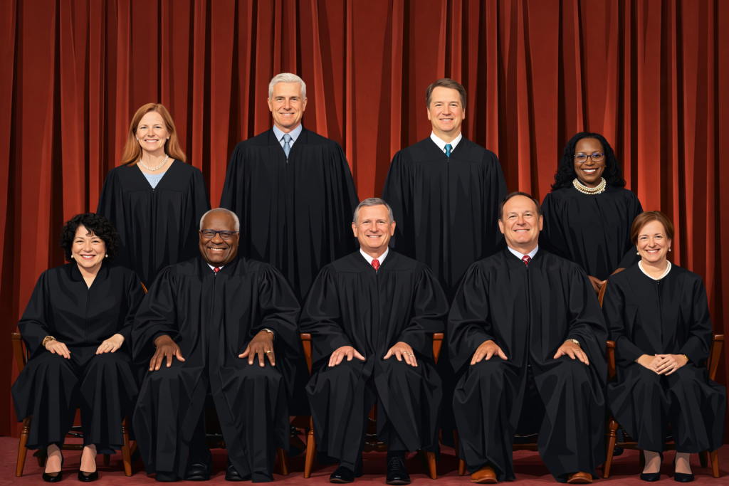 Realistic cartoon of the current supreme court justices against a red curtain background