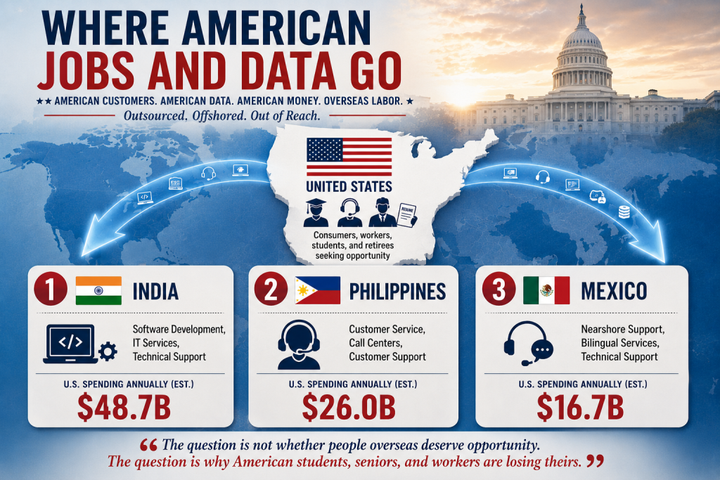 Infographic titled "Where American Jobs and Data Go" showing the United States at the center with arrows pointing overseas to India, the Philippines, and Mexico. The graphic highlights estimated annual U.S. spending on outsourced services, including software development, IT services, technical support, customer service, and call centers. India is ranked first at $48.7 billion, the Philippines second at $26.0 billion, and Mexico third at $16.7 billion. A map of the world, the U.S. Capitol, and icons representing students, workers, retirees, customer support, and technology illustrate the flow of jobs, data, and business services abroad. The infographic concludes with the statement: "The question is not whether people overseas deserve opportunity. The question is why American students, seniors, and workers are losing theirs."