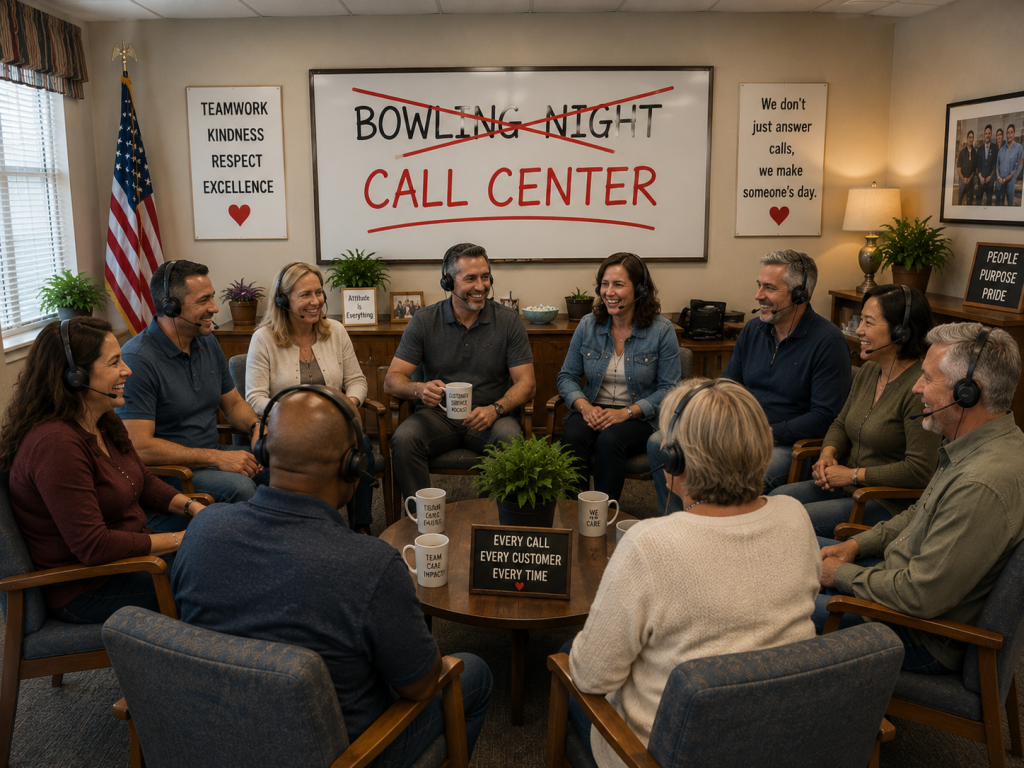 A group of call center employees wearing headsets sit in a circle during a team meeting in a comfortable office setting. Smiling coworkers of different ages and backgrounds talk and laugh together around a table decorated with coffee mugs and a sign reading, “Every Call, Every Customer, Every Time.” Behind them, a large whiteboard shows the words “Bowling Night” crossed out and replaced with “Call Center.” Motivational posters display messages such as “Teamwork, Kindness, Respect, Excellence,” “We don’t just answer calls, we make someone’s day,” and “People, Purpose, Pride.” An American flag, plants, family photos, and warm lighting create a welcoming workplace atmosphere focused on customer service, teamwork, and employee engagement.
