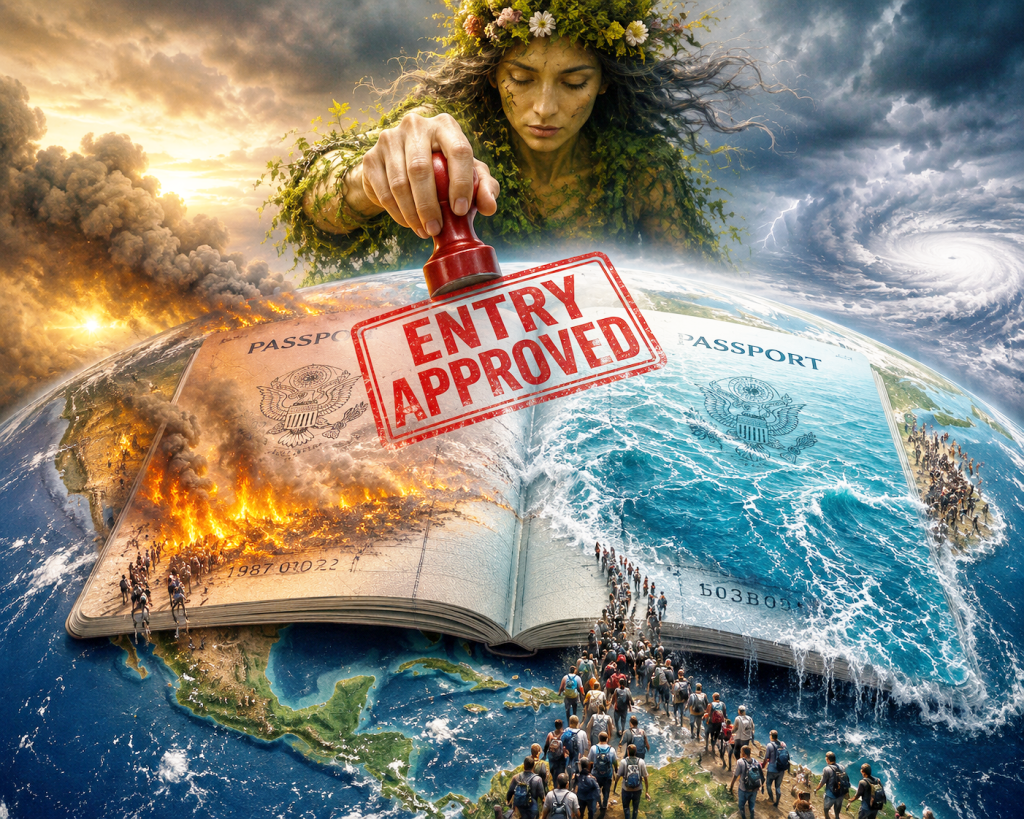 A symbolic Mother Earth figure stamps “ENTRY APPROVED” across a passport covering the globe, while wildfires, hurricanes, flooding, and crowds of climate migrants illustrate the growing human impact of climate change.