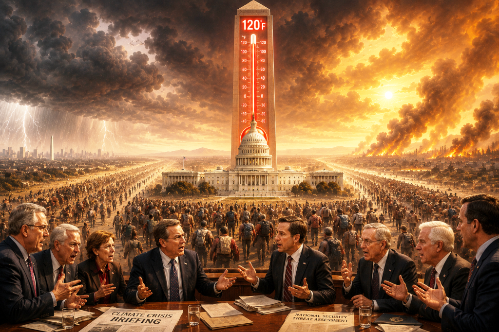 A towering 120°F thermometer rises above the U.S. Capitol as extreme heat, wildfires, violent storms, and mass displacement surround Washington, while government officials argue over climate and national security.