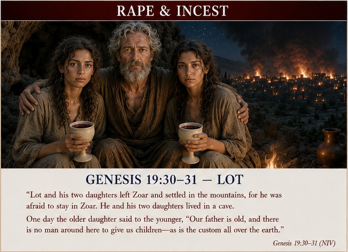 Scripture plate — Genesis 19:30–31, Lot and his daughters.
