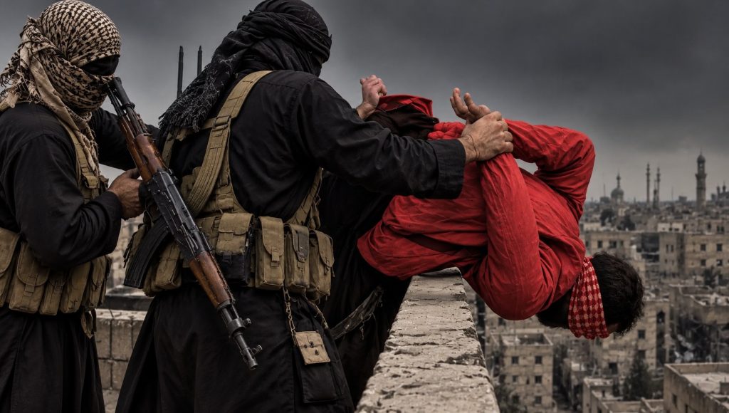 Illustration of an Islamic State rooftop killing, Syria, 2015.
