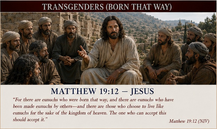Scripture plate — Matthew 19:12, Jesus on those born that way.
