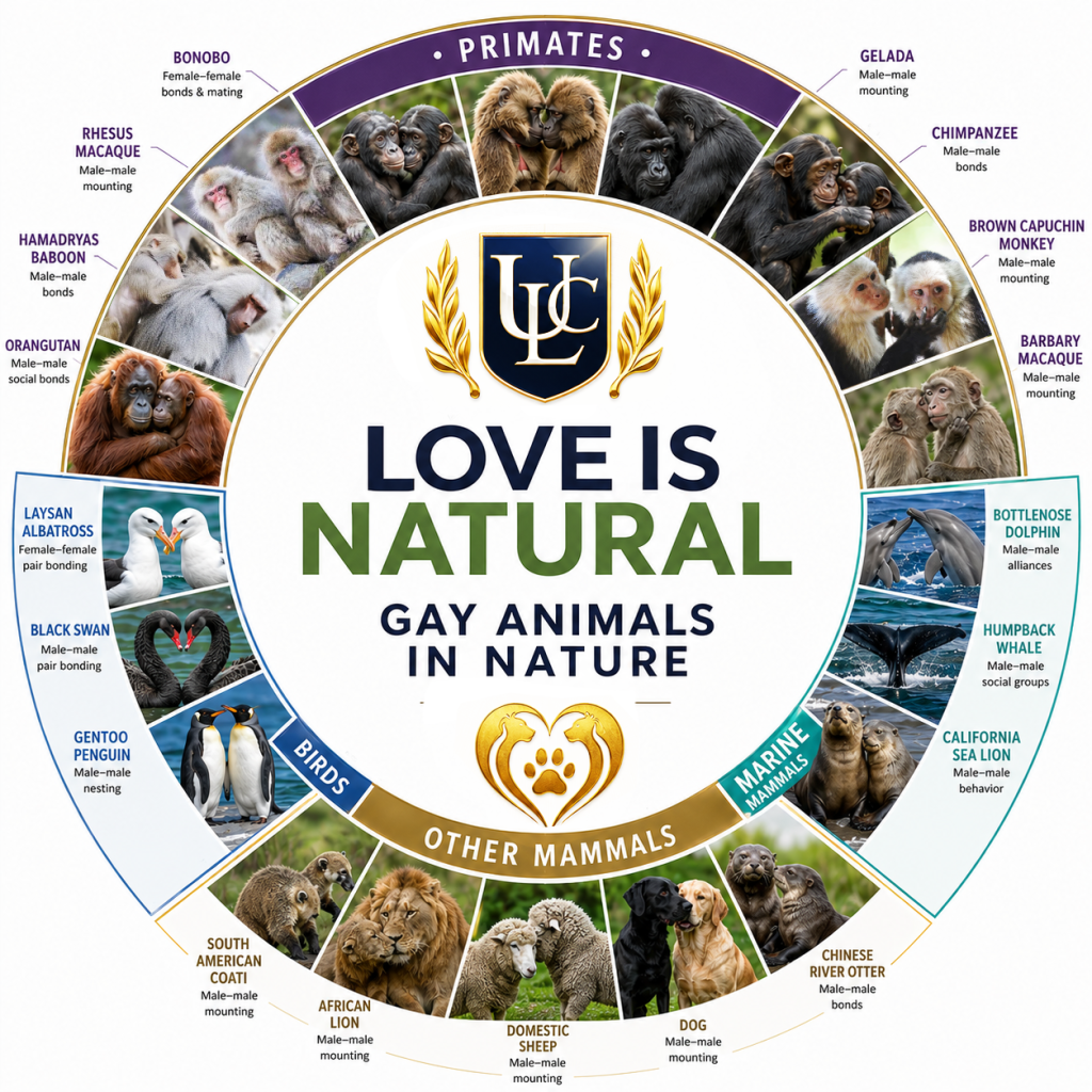 “Love Is Natural: Gay Animals in Nature” — nineteen species with documented same-sex behaviour. Universal Life Church Monastery.
