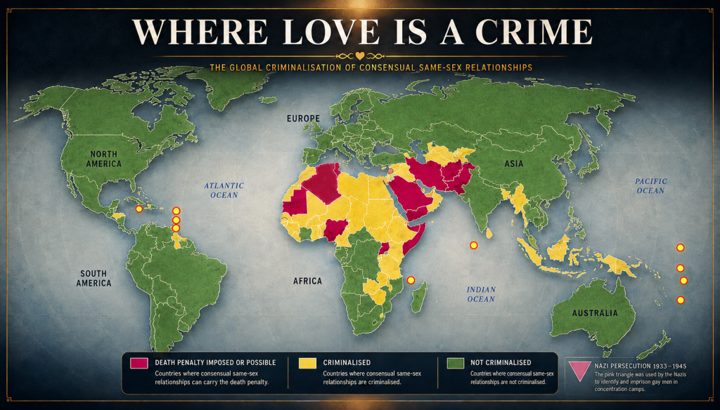 Human Dignity Trust and ILGA World, 2026. Sixty-six jurisdictions criminalise consensual same-sex relationships; in twelve the death penalty is imposed or possible.
