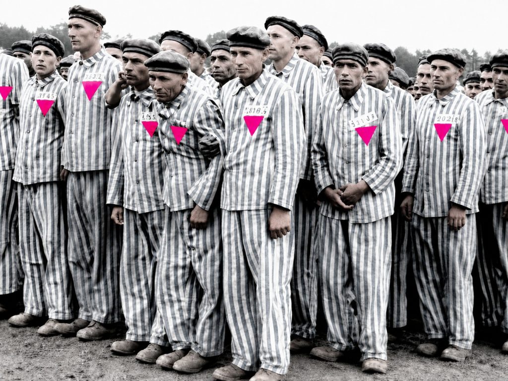 Illustration: prisoners in a Nazi concentration camp, with the pink triangles picked out.
