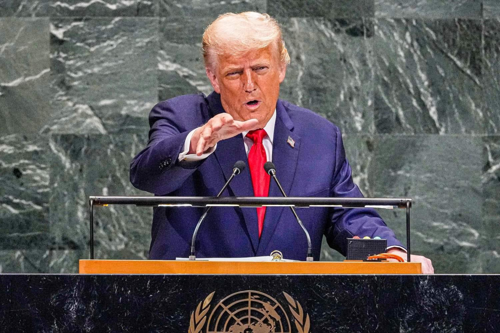 speaks emphatically from the podium at the United Nations General Assembly, gesturing toward the audience during his address.